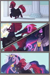 Size: 800x1200 | Tagged: safe, artist:mangoshibi, derpibooru import, fizzlepop berrytwist, princess twilight 2.0, tempest shadow, twilight sparkle, twilight sparkle (alicorn), alicorn, pony, unicorn, the last problem, broken horn, castle, clothes, column, comic, corridor, crown, cute, ethereal mane, female, hoof shoes, horn, jewelry, laughing, lesbian, magic, mare, older, older twilight, peytral, pulling, regalia, scared, scarf, serious, serious face, shipping, silly, silly pony, size difference, smiling, sparkles, spread wings, starry mane, sweat, sweating profusely, telekinesis, tempestbetes, tempestlight, twiabetes, wings
