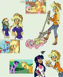 Size: 2510x3049 | Tagged: safe, artist:citi, derpibooru import, screencap, applejack, fluttershy, rainbow dash, twilight sparkle, human, buckball season, the return of harmony, the ticket master, cake, food, humanized, messy mane, scene interpretation, screencap reference, tied up