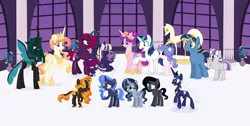 Size: 1280x643 | Tagged: safe, artist:boneswolbach, artist:elementbases, artist:thatboredanimereader, derpibooru import, night light, princess cadance, princess celestia, queen chrysalis, shining armor, tempest shadow, twilight sparkle, twilight velvet, alicorn, changepony, hybrid, pony, unicorn, chryslestia, female, headcanon, lesbian, magical lesbian spawn, male, nightvelvet, offspring, parent:princess cadance, parent:princess celestia, parent:queen chrysalis, parent:shining armor, parent:tempest shadow, parent:twilight sparkle, parents:chryslestia, parents:shiningcadance, parents:tempestlight, shiningcadance, shipping, straight, tempestlight