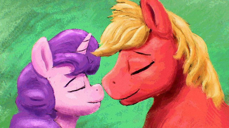 Size: 800x450 | Tagged: safe, artist:dummyhorse, derpibooru import, big macintosh, sugar belle, earth pony, pony, unicorn, bust, eyes closed, female, male, mare, nuzzling, profile, shipping, smiling, stallion, straight, sugarmac