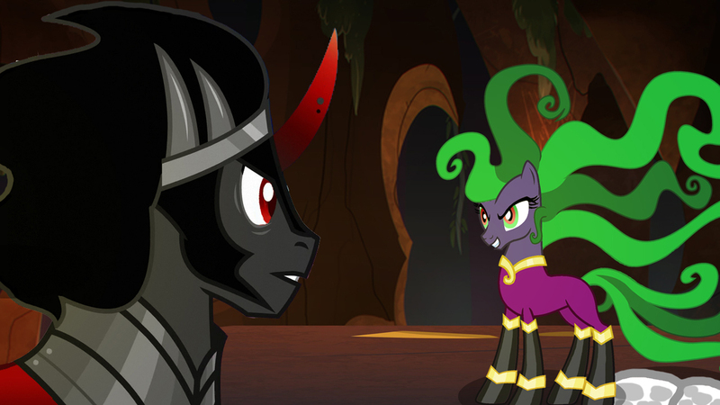 Size: 1364x767 | Tagged: safe, artist:kayman13, derpibooru import, king sombra, mane-iac, earth pony, pony, unicorn, evil grin, evil lair, female, grin, grogar's lair, lair, looking at each other, male, mare, smiling, surprised