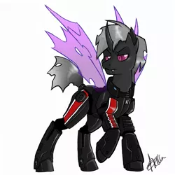 Size: 625x625 | Tagged: safe, artist:dinkelion, derpibooru import, oc, oc:daring shephard, unofficial characters only, changeling, armor, fangs, male, mass effect, n7 armor, purple changeling, raised hoof, simple background, sitting, solo, white background