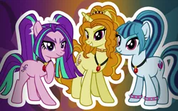 Size: 1600x1000 | Tagged: safe, artist:amgiwolf, derpibooru import, adagio dazzle, aria blaze, sonata dusk, ponified, earth pony, pony, unicorn, abstract background, bracelet, choker, equestria girls ponified, eyelashes, female, grin, hooves to the chest, jewelry, mare, necklace, smiling, smirk, spiked wristband, the dazzlings, wristband