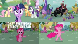 Size: 1986x1117 | Tagged: safe, derpibooru import, edit, edited screencap, editor:quoterific, screencap, applejack, berry punch, berryshine, bon bon, carrot top, cerberus (character), cherry berry, comet tail, daisy, flower wishes, fluttershy, golden harvest, linky, mochaccino, neon lights, pinkie pie, ponet, rare find, rarity, rising star, shoeshine, star bright, sweetie drops, twilight sparkle, cerberus, earth pony, pegasus, pony, unicorn, it's about time, applejack's hat, bipedal, cowboy hat, hat, multiple heads, open mouth, roar, screaming, shocked, three heads, unicorn twilight