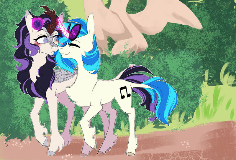 Size: 1280x871 | Tagged: safe, artist:ajue, derpibooru import, vinyl scratch, oc, oc:wintertide frost, kirin, pony, unicorn, antagonist, big ears, blushing, bush, canon x oc, commission, cute, duo, eyes closed, female, flower, flower in hair, heart, hoof fluff, kirin oc, kirinbetes, leonine tail, lesbian, mane, raised hoof, shipping, signature, smiling, sunglasses