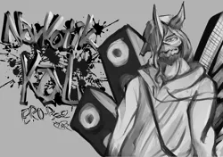 Size: 1720x1214 | Tagged: safe, artist:ero-bee, derpibooru import, oc, oc:ero-bee, unofficial characters only, unicorn, beard, clothes, facial hair, gray background, grayscale, hat, horn, loudspeaker, male, monochrome, rule 63, signature, simple background, solo, unicorn oc