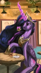 Size: 2160x3840 | Tagged: safe, artist:toisanemoif, derpibooru import, princess twilight 2.0, twilight sparkle, twilight sparkle (alicorn), alicorn, pony, the last problem, burger, crown, cutie mark, female, food, hay burger, hoof shoes, jewelry, lamp, mare, older, older twilight, peytral, regalia, restaurant, sad, solo, table, twilight burgkle