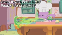 Size: 888x499 | Tagged: a bird in the hoof, apron, caption, chef, clothes, derpibooru import, dragon, dragonfire, edit, edited screencap, eyes closed, fire, fire breath, image macro, imgflip, male, meme, naked apron, safe, screencap, solo, spike, text, watermark