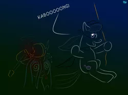 Size: 869x650 | Tagged: safe, artist:quint-t-w, derpibooru import, octavia melody, queen chrysalis, changeling, changeling queen, earth pony, pony, broken, cartoon violence, cello, dizzy, el kabong, female, hanna barbera, mask, minimalist, modern art, musical instrument, reference, rope, shout, swinging, swirly eyes, tongue out