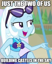 Size: 550x677 | Tagged: safe, derpibooru import, edit, edited screencap, screencap, trixie, equestria girls, equestria girls series, forgotten friendship, beach, beach babe, belly button, bill withers, caption, clothes, cropped, cute, diatrixes, female, grover washington jr., image macro, just the two of us, midriff, open mouth, solo, song reference, sunglasses, swimsuit, text