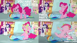 Size: 1986x1117 | Tagged: safe, derpibooru import, edit, edited screencap, editor:quoterific, screencap, applejack, fluttershy, pinkie pie, rainbow dash, rarity, earth pony, pegasus, pony, unicorn, pinkie pride, angry, eyes closed, nose in the air, open mouth, pinkie promise