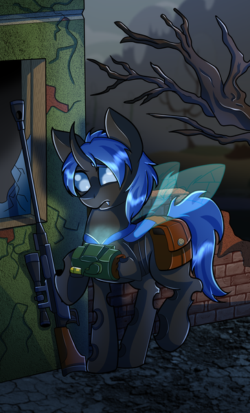 Size: 1700x2800 | Tagged: safe, artist:elmutanto, derpibooru import, oc, oc:swift dawn, unofficial characters only, changeling, pony, fallout equestria, alternate universe, bag, blue changeling, blue eyes, building, changeling oc, clothes, commission, confused, detailed background, fangs, frown, gun, high res, horn, male, pipbuck, rifle, ruins, saddle bag, sniper, sniper rifle, solo, spread wings, tree, wasteland, weapon, wings