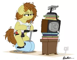 Size: 1024x793 | Tagged: safe, artist:bobthedalek, derpibooru import, oc, oc:bubble pump, unofficial characters only, earth pony, pony, book, clothes, exercise, exercise bike, food, ice cream, messy mane, panties, television, underwear, vest