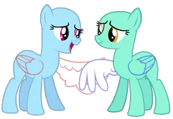 Size: 1548x1071 | Tagged: safe, artist:shiibases, derpibooru import, oc, unofficial characters only, pony, bald, base, duo, eyelashes, female, handshake, mare, simple background, smiling, transparent background, wing hands, wings