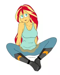 Size: 1280x1600 | Tagged: safe, artist:cadenreigns, derpibooru import, sunset shimmer, equestria girls, equestria girls series, boots, breasts, busty sunset shimmer, cleavage, clothes, high heel boots, open mouth, pants, platform shoes, shoes, signature, sitting