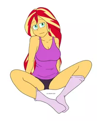 Size: 1280x1600 | Tagged: source needed, suggestive, artist:cadenreigns, derpibooru import, sunset shimmer, equestria girls, equestria girls series, breasts, busty sunset shimmer, cleavage, clothes, panties, signature, sitting, socks, stocking feet, underwear