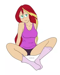 Size: 1280x1600 | Tagged: suggestive, artist:cadenreigns, derpibooru import, sunset shimmer, human, equestria girls, equestria girls series, breasts, busty sunset shimmer, cleavage, clothes, human coloration, humanized, panties, signature, sitting, socks, solo, stocking feet, underwear