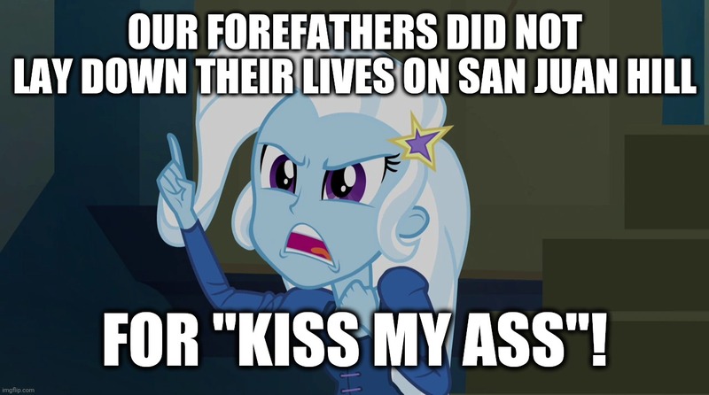 Size: 1280x714 | Tagged: safe, derpibooru import, trixie, equestria girls, rainbow rocks, forced meme, impact font, kiss my ass, malcolm in the middle, meme, text