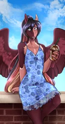 Size: 2060x3945 | Tagged: safe, artist:blackblood-queen, derpibooru import, oc, oc:daniel dasher, unofficial characters only, anthro, dracony, dragon, hybrid, pegasus, unguligrade anthro, anthro oc, blue dress, clothes, cloud, crossdressing, digital art, dress, drink, eyeshadow, fangs, femboy, girly, image, makeup, male, open mouth, pegasus oc, png, sitting, sky, slit eyes, smiling, solo, wings