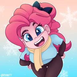 Size: 2500x2500 | Tagged: safe, artist:rivin177, derpibooru import, pinkie pie, equestria girls, big breasts, blue eyes, bowtie, breasts, busty pinkie pie, cartoon, clothes, looking at you, open mouth, photo, pink hair, pinkie being pinkie, ponk, scarf, snow, snowflake, solo, thick, winter, winter outfit