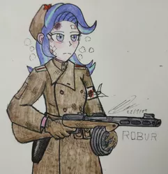 Size: 2891x3000 | Tagged: safe, artist:atisuto17, derpibooru import, starlight glimmer, equestria girls, bandage, clothes, colored, female, gun, high res, injured, military, pale color, ppsh-41, red army, solo, soviet union, stalingrad, submachinegun, traditional art, uniform, weapon, winter, world war ii