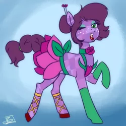 Size: 1280x1280 | Tagged: safe, artist:jitterbugjive, derpibooru import, oc, oc:amethyst rose, crystal pony, clothes, cocktail dress, commission, commissioner:alkonium, hairpin, lipstick, makeup, socks