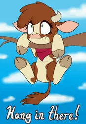 Size: 2849x4096 | Tagged: safe, artist:mrneo, derpibooru import, arizona cow, cow, them's fightin' herds, bandana, cloven hooves, community related, hanging, hang in there, neckerchief, solo, tree branch, underhoof
