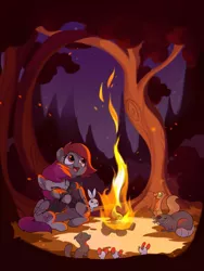 Size: 1955x2597 | Tagged: safe, artist:drtuo4, derpibooru import, oc, unofficial characters only, mouse, pegasus, pony, rabbit, animal, campfire, clothes, cuddling, female, fire, forest, happy, hoodie, mare, outdoors, tree