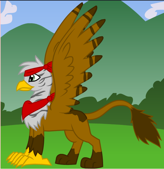 Size: 560x576 | Tagged: safe, artist:urmi charpstin, derpibooru import, oc, oc:gabe gooding, gryphon, fallout equestria, fanfic:fallout equestria: lightning strikes twice, pony creator, accessories, brown fur, bushy tail, dark brown fur, dark gray fur, fallout, jade green eye, light gray fur, male, pattern, paws, red bandana, red scarf, solo, spread wings, wings, yellow beak, yellow claws