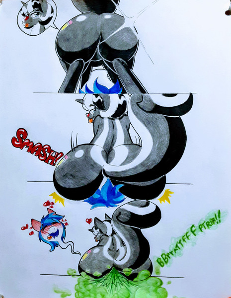 Size: 2199x2840 | Tagged: questionable, artist:paper view of butts, derpibooru import, oc, oc:paper butt, pony, skunk, skunk pony, blushing, butt, colored, comic, dialogue, faceful of ass, facesitting, fart, fart cloud, fart fetish, fetish, gay, glasses, heart, horns, looking at you, male, plot, shade, simple background, stallion, tongue out, traditional art