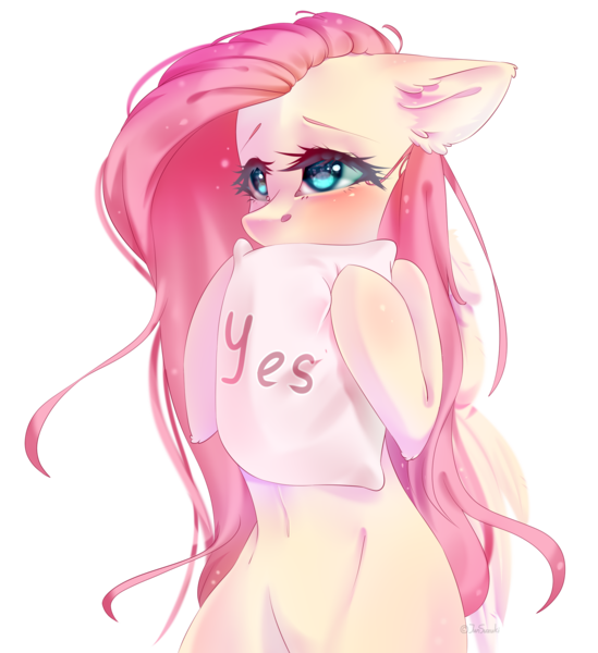 Size: 2000x2184 | Tagged: safe, artist:jun1313, derpibooru import, fluttershy, pegasus, pony, semi-anthro, bipedal, cute, female, floppy ears, high res, holding, mare, messy mane, pillow, shyabetes, simple background, solo, transparent background, yes