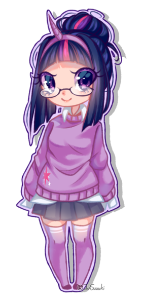 Size: 2331x5000 | Tagged: safe, artist:jun1313, derpibooru import, twilight sparkle, human, 2019, clothes, cutie mark, cutie mark on clothes, female, glasses, hairband, hair bun, horn, humanized, pigeon toed, pleated skirt, simple background, skirt, socks, solo, sweater, thigh highs, transparent background, zettai ryouiki