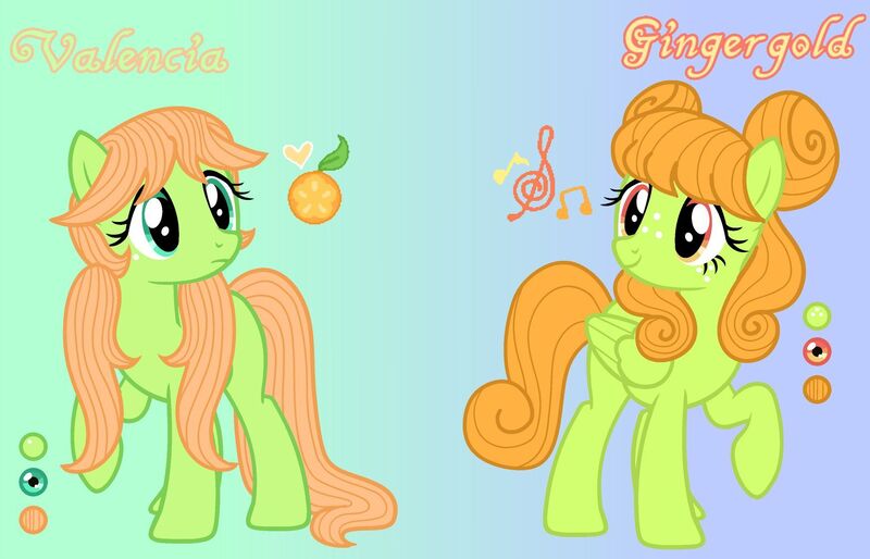 Size: 1746x1121 | Tagged: safe, artist:sir-psych0-s3xy, derpibooru import, oc, oc:gingergold, oc:valencia orange, unofficial characters only, pegasus, pony, base used, cutie mark, duo, female, gradient background, mare, offspring, parent:big macintosh, parent:fluttershy, parents:fluttermac, reference sheet, siblings, sisters