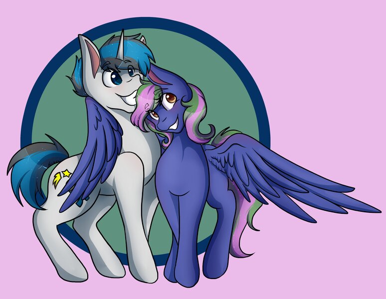 Size: 4096x3175 | Tagged: safe, artist:mscolorsplash, derpibooru import, oc, oc:lishka, oc:solar gizmo, pegasus, pony, unicorn, couple, cute, female, happy, hug, male, mare, nuzzling, smiling, spread wings, stallion, winghug, wings