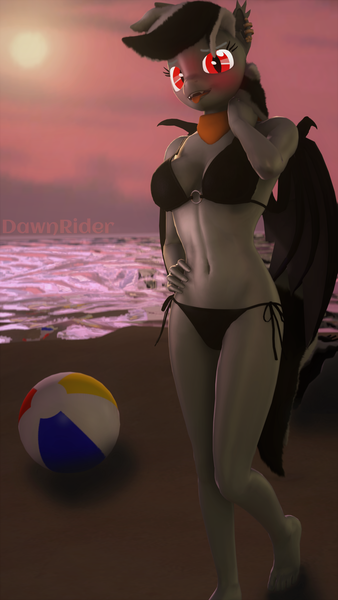 Size: 2160x3840 | Tagged: suggestive, artist:dawnyr, artist:dawnyrs, derpibooru import, oc, oc:stormdancer, anthro, bat pony, 3d, beach, big breasts, bikini, blushing, breasts, clothes, cute, solo, source filmmaker, sunset, swimsuit