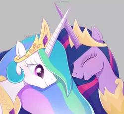 Size: 1024x944 | Tagged: safe, artist:nnaly, derpibooru import, princess celestia, princess twilight 2.0, twilight sparkle, twilight sparkle (alicorn), alicorn, pony, the last problem, blushing, crown, duo, eyes closed, female, gray background, jewelry, laughing, mare, older, older twilight, peytral, regalia, signature, simple background, smiling, starry eyes, wingding eyes