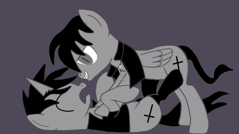 Size: 1192x670 | Tagged: semi-grimdark, artist:ruchiyoto, derpibooru import, oc, oc:black cross, demon, pony, unicorn, crucifix, edgy, male, pinned down, simple background, stallion, wings