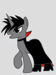 Size: 194x259 | Tagged: safe, artist:ruchiyoto, derpibooru import, oc, oc:black cross, pony, unicorn, boots, cape, clothes, costume, edgy, fangs, male, shoes, simple background, solo, stallion