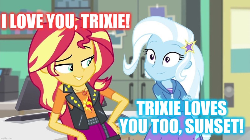 Size: 1280x720 | Tagged: safe, derpibooru import, edit, edited screencap, screencap, sunset shimmer, trixie, equestria girls, equestria girls series, forgotten friendship, female, lesbian, shipping, suntrix, text