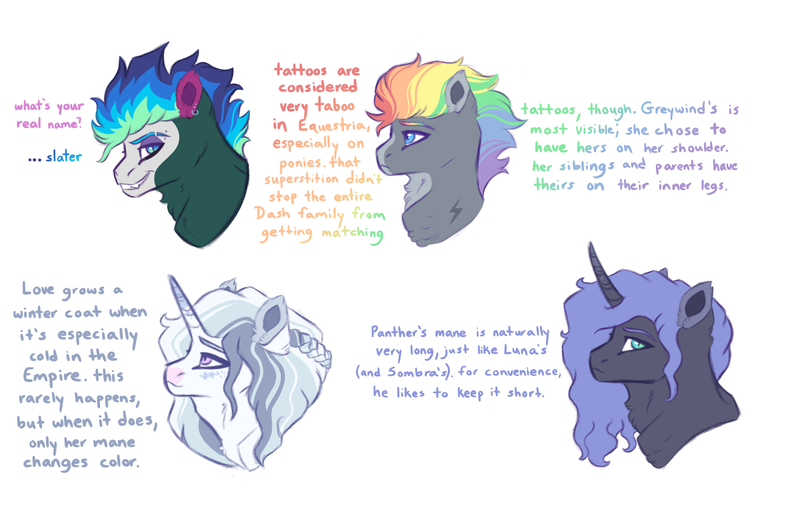 Size: 4000x2543 | Tagged: safe, artist:venommocity, derpibooru import, oc, oc:glowstik, oc:greywind, oc:love letter, oc:panther, unofficial characters only, alicorn, bat pony, pegasus, pony, unicorn, bust, female, male, mare, offspring, parent:dumbbell, parent:king sombra, parent:princess cadance, parent:princess luna, parent:rainbow dash, parent:shining armor, parent:trixie, parents:dumbdash, parents:lumbra, parents:shiningcadance, portrait, simple background, stallion, white background