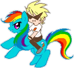 Size: 972x888 | Tagged: artist needed, safe, artist:diamondwolfq, derpibooru import, rainbow dash, human, pegasus, pony, :i, crossover, dirk strider, duo, female, homestuck, humans riding ponies, looking at you, male, manepxls, mare, pixel art, pxls.space, rearing, riding, side view, simple background, smiling, sunglasses, transparent background