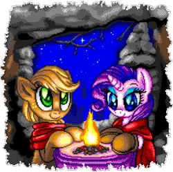 Size: 1015x1010 | Tagged: safe, artist:dasheroni, artist:whitediamonds, derpibooru import, applejack, rarity, earth pony, pony, unicorn, campfire, clothes, cute, duo, female, fire, freckles, hatless, jackabetes, lesbian, manepxls, mare, missing accessory, pixel art, pxls.space, raribetes, rarijack, scarf, shipping, smiling