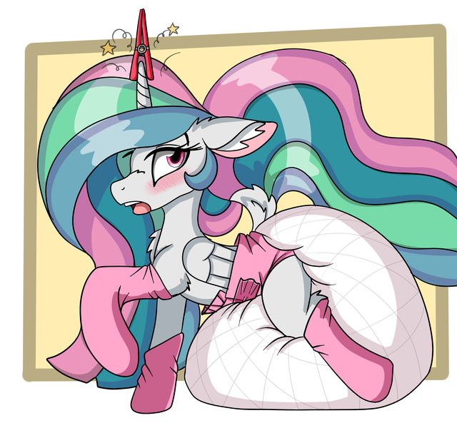 Size: 4327x4058 | Tagged: questionable, artist:cuddlelamb, derpibooru import, princess celestia, alicorn, pony, abdl, adult foal, blushing, clothes, clothespin, diaper, diaper fetish, dock, ear fluff, fetish, impossibly large diaper, open mouth, pain star, poofy diaper, socks