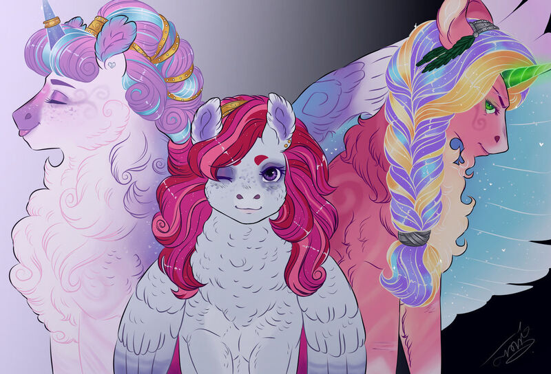 Size: 1280x871 | Tagged: safe, artist:theartfox2468, derpibooru import, princess flurry heart, oc, oc:aphrodite, oc:victoria, alicorn, pegasus, pony, unicorn, chest fluff, ethereal wings, female, fluffy, horn, horn ring, jewelry, looking at you, mare, offspring, older, older flurry heart, one eye closed, parent:princess cadance, parent:shining armor, parents:shiningcadance, ring, siblings, sisters, spread wings, tongue out, wings, wink