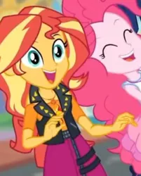 Size: 633x789 | Tagged: safe, derpibooru import, screencap, pinkie pie, sunset shimmer, equestria girls, equestria girls series, rollercoaster of friendship, cropped, cute, diapinkes, geode of empathy, low quality, magical geodes, photo booth (song), shimmerbetes
