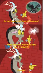 Size: 2019x3382 | Tagged: safe, derpibooru import, edit, edited screencap, screencap, discord, pony of shadows, stygian, alicorn, draconequus, pony, make new friends but keep discord, shadow play, antagonist, caption, clothes, comedian, comic, discord being discord, eddie murphy, flash of light, grand galloping gala, grin, image macro, jacket, leather jacket, looking at you, male, microphone, one eye closed, open mouth, pointing, raised eyebrow, screencap comic, smiling, spotlight, swearing, take that, text, vulgar, wink, winking at you