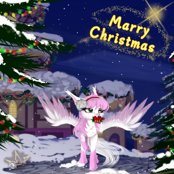 Size: 1024x1024 | Tagged: safe, artist:martazap3, derpibooru import, oc, unofficial characters only, pegasus, pony, christmas, christmas tree, holiday, solo, tree, wings