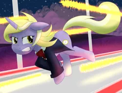 Size: 2361x1816 | Tagged: safe, artist:sixes&sevens, derpibooru import, dinky hooves, unicorn, ascot, clothes, corridor, female, gritted teeth, jacket, laser, older, older dinky hooves, running, solo