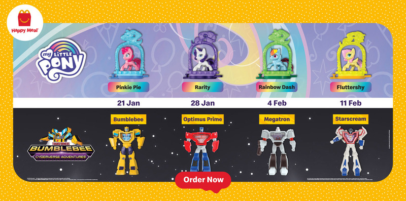 Size: 1600x793 | Tagged: advertisement, bumblebee (transformers), clash of hasbro's titans, derpibooru import, fluttershy, malaysia, mcdonald's, mcdonald's happy meal toys, megatron, my little pony logo, my little pony: pony life, optimus prime, pinkie pie, rainbow dash, rarity, safe, starscream, toy, transformers