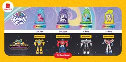 Size: 1600x793 | Tagged: advertisement, bumblebee (transformers), clash of hasbro's titans, derpibooru import, fluttershy, malaysia, mcdonald's, mcdonald's happy meal toys, megatron, my little pony logo, my little pony: pony life, optimus prime, pinkie pie, rainbow dash, rarity, safe, starscream, toy, transformers